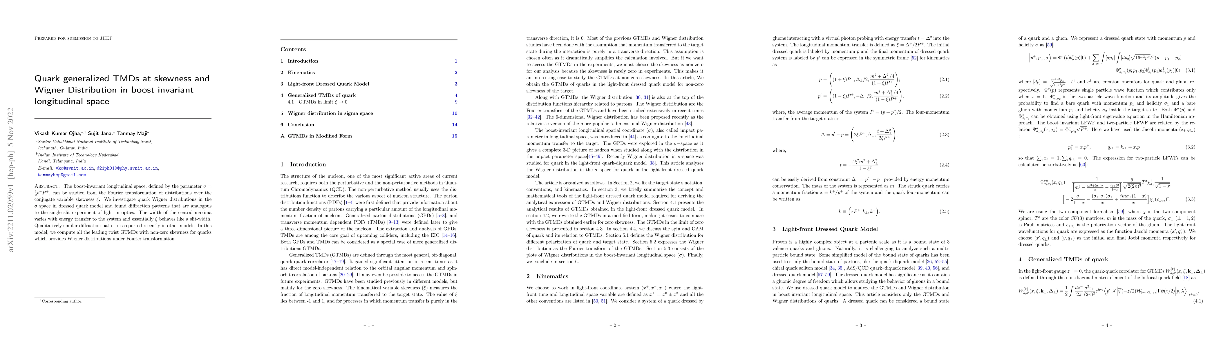 Thumbnail for Quark generalized TMDs at skewness and Wigner Distribution in boost
  invariant longitudinal space
