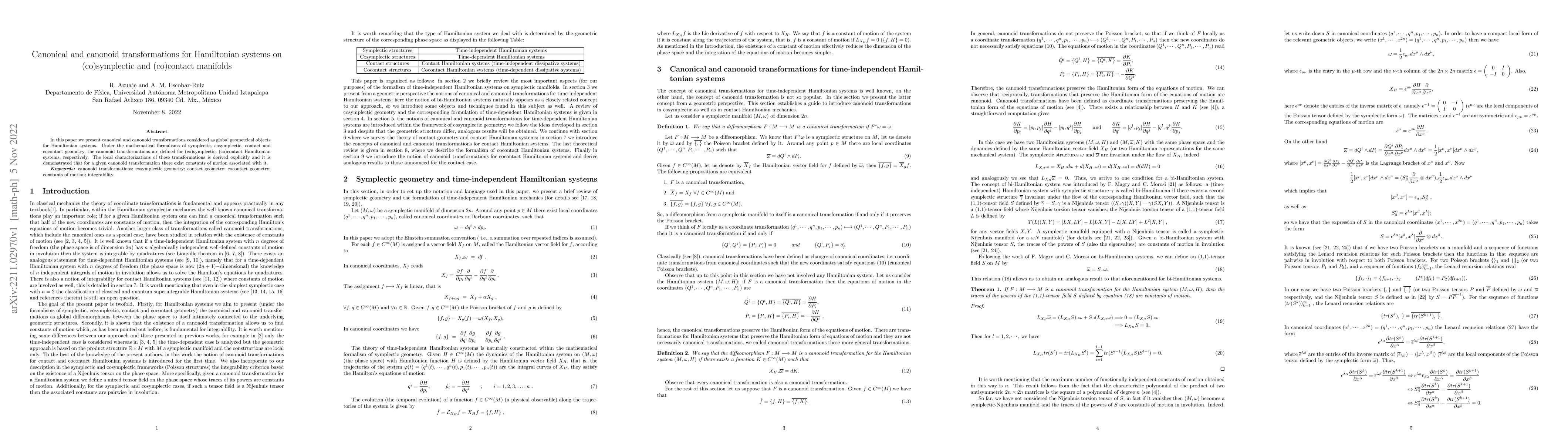 Thumbnail for Canonical and canonoid transformations for Hamiltonian systems on
  (co)symplectic and (co)contact manifolds