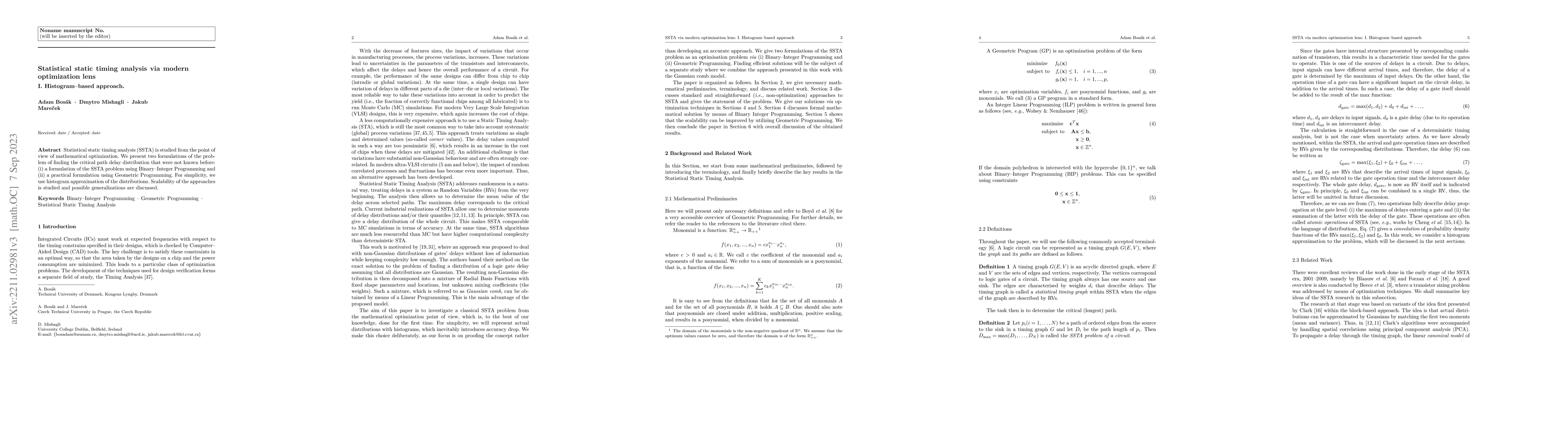 Thumbnail for Statistical static timing analysis via modern optimization lens: I.
  Histogram-based approach