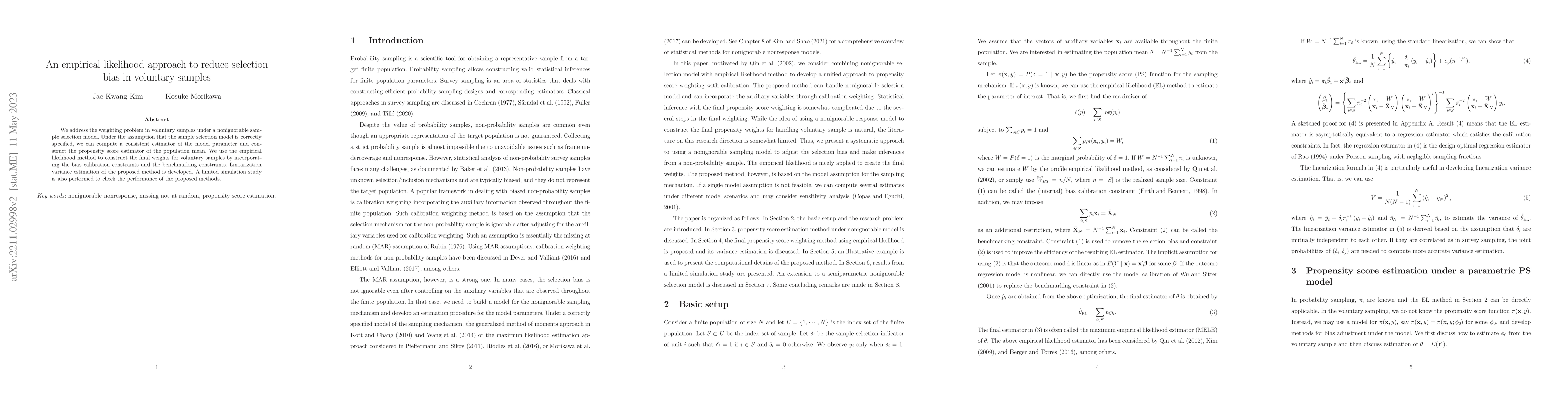 Thumbnail for An empirical likelihood approach to reduce selection bias in voluntary
  samples