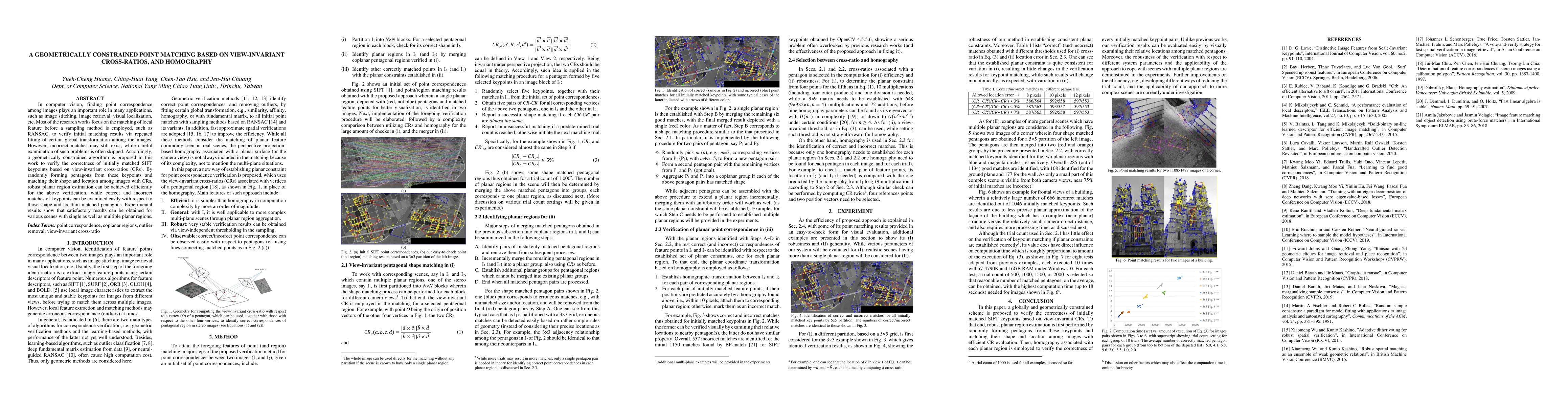 Thumbnail for A Geometrically Constrained Point Matching based on View-invariant
  Cross-ratios, and Homography