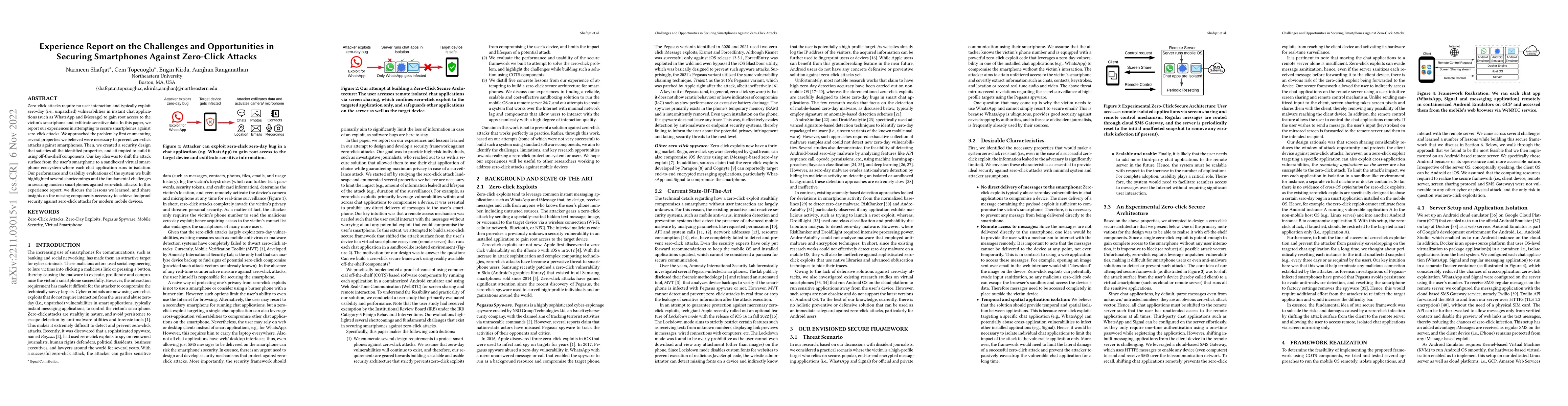 Thumbnail for Experience Report on the Challenges and Opportunities in Securing
  Smartphones Against Zero-Click Attacks