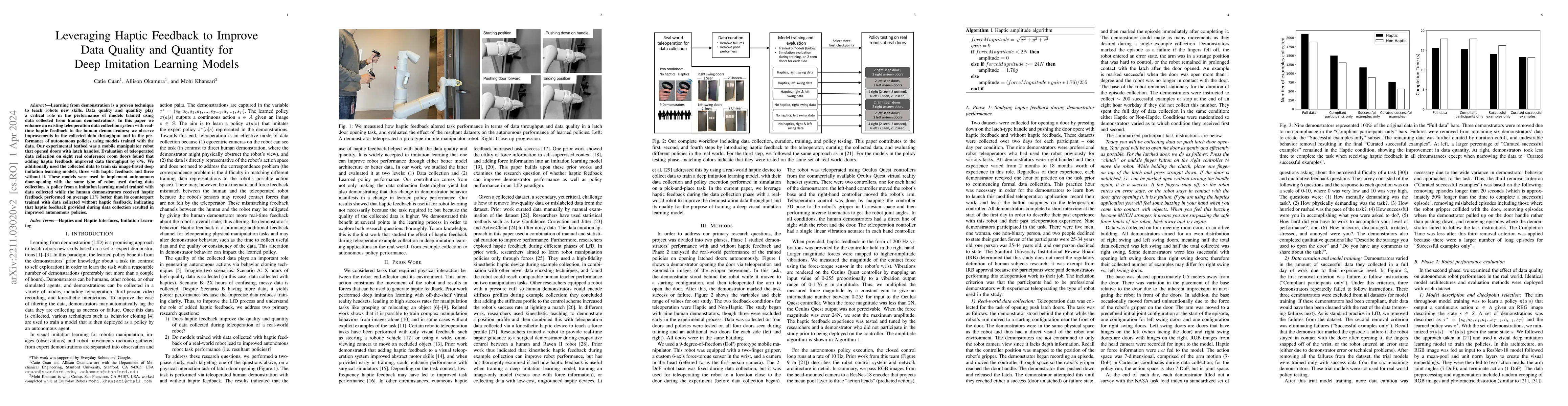 Thumbnail for Leveraging Haptic Feedback to Improve Data Quality and Quantity for Deep
  Imitation Learning Models
