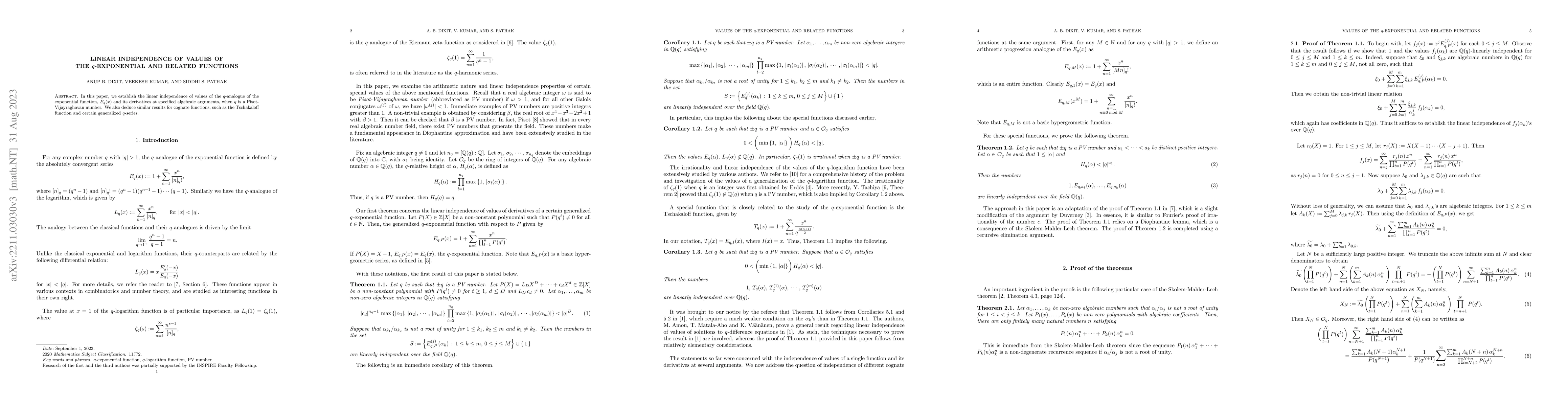 Thumbnail for Linear independence of values of the $q$-exponential and related
  functions