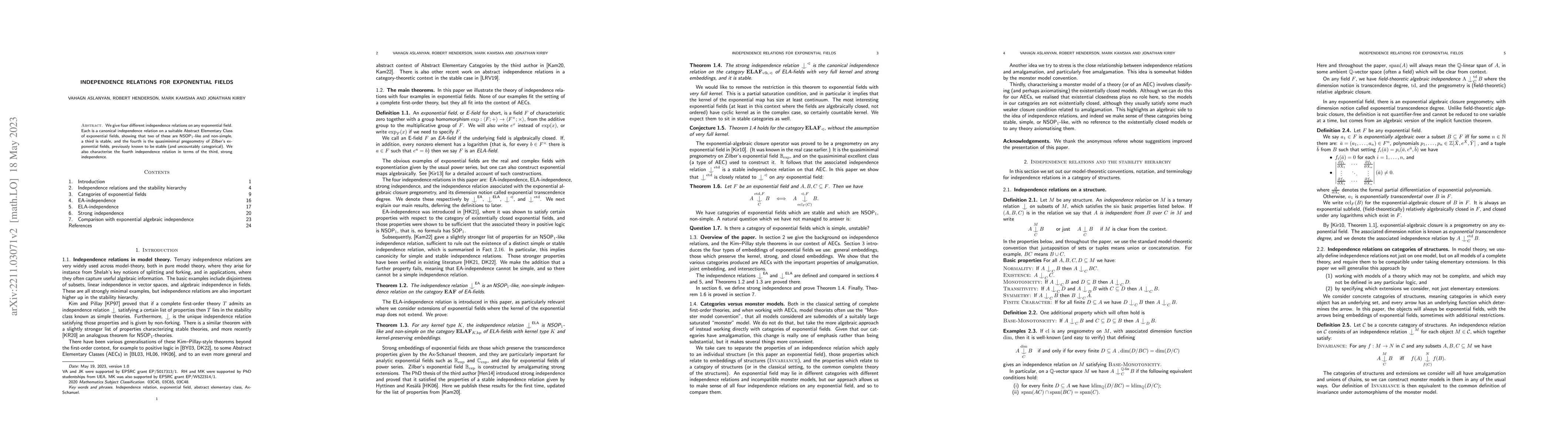 Thumbnail for Independence relations for exponential fields