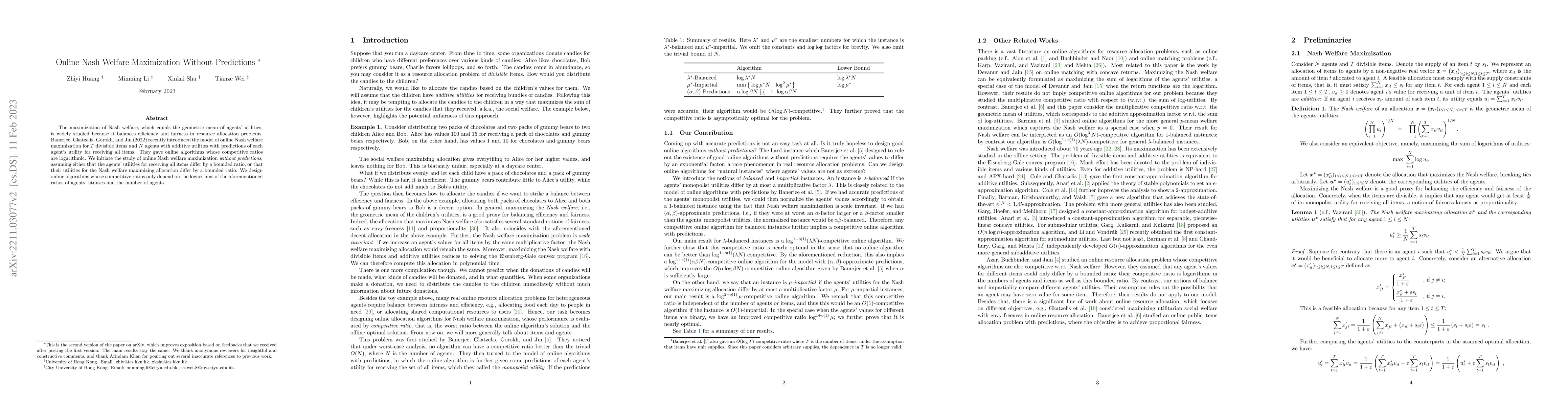 Thumbnail for Online Nash Welfare Maximization Without Predictions