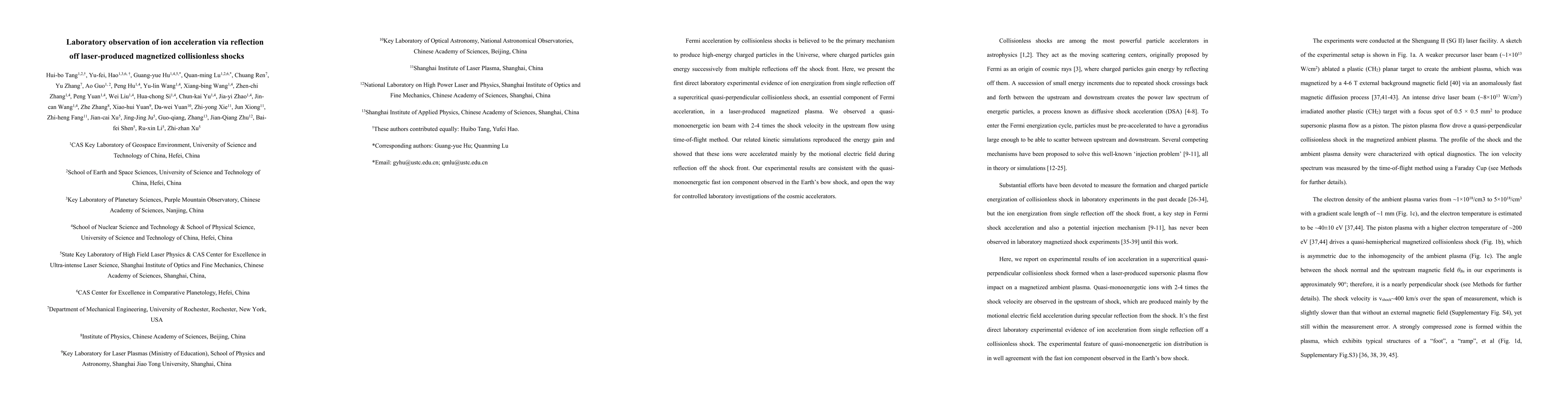 Thumbnail for Laboratory observation of ion acceleration via reflection off
  laser-produced magnetized collisionless shocks