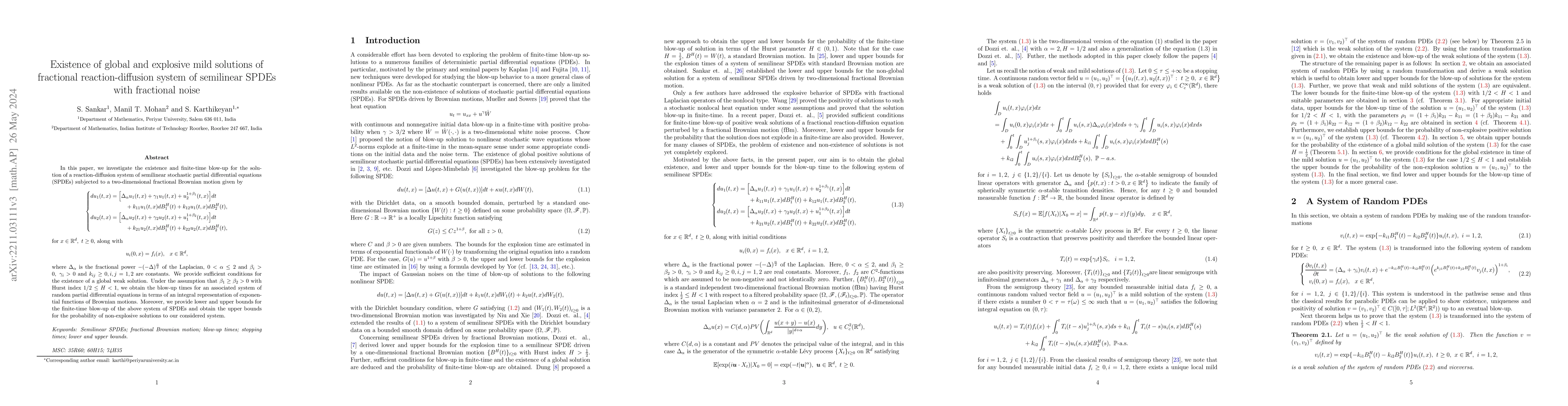 Thumbnail for Existence of global and explosive mild solutions of fractional
  reaction-diffusion system of semilinear SPDEs with fractional noise