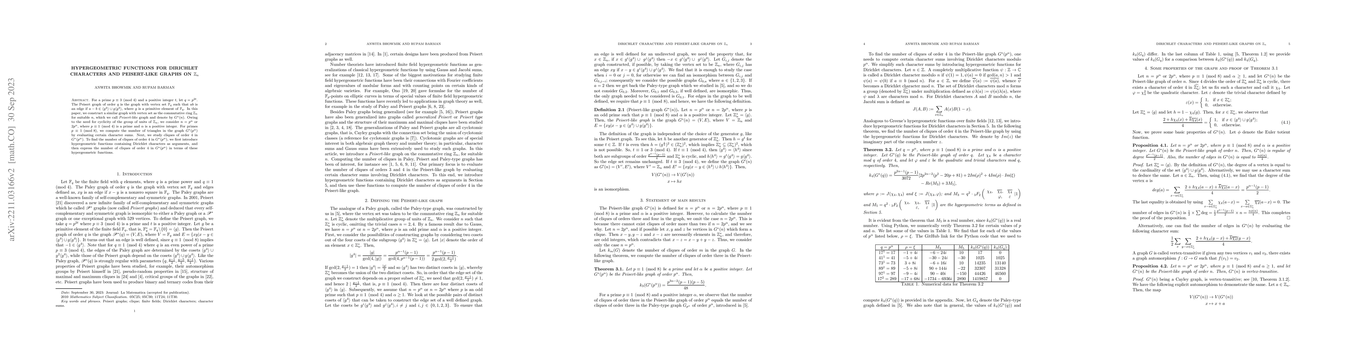 Thumbnail for Hypergeometric functions for Dirichlet characters and Peisert-like
  graphs on $\mathbb{Z}_n$
