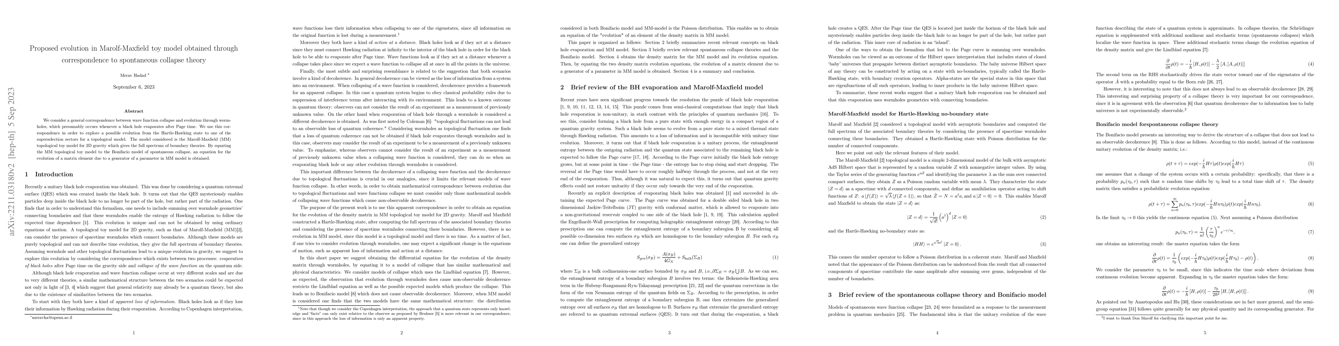 Thumbnail for Proposed evolution in Marolf-Maxfield toy model obtained through
  correspondence to spontaneous collapse theory