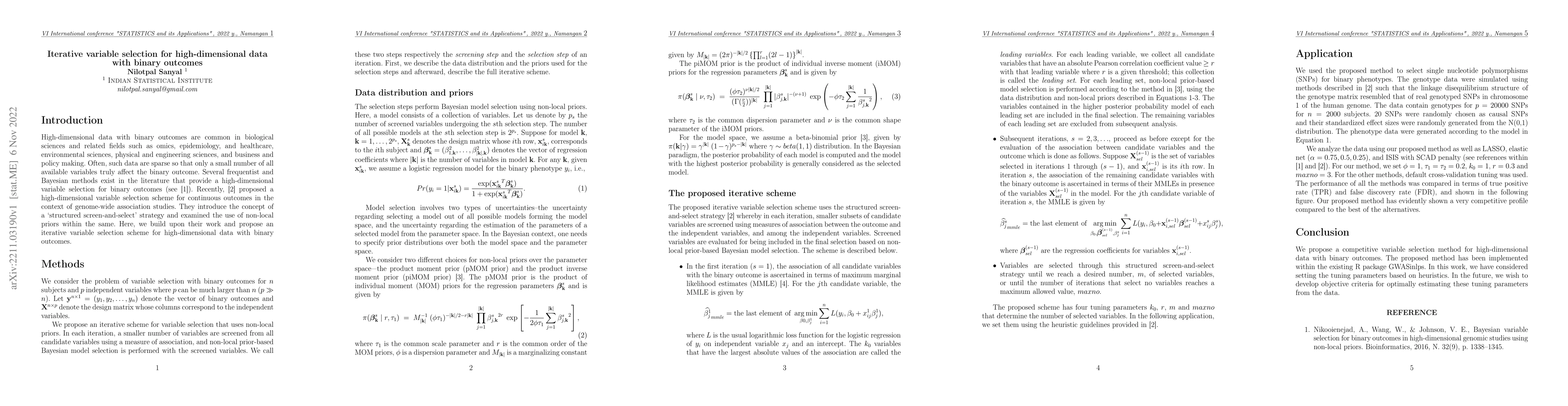 Thumbnail for Iterative variable selection for high-dimensional data with binary
  outcomes