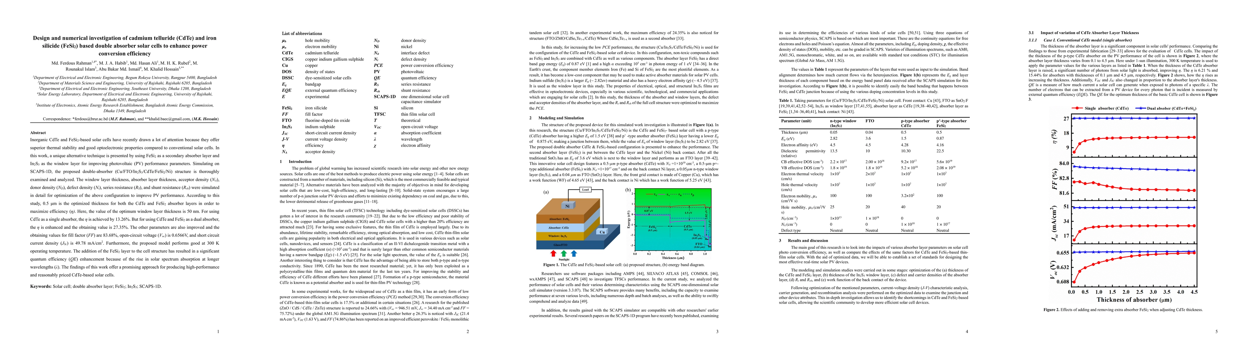 Thumbnail for Design and numerical investigation of cadmium telluride (CdTe) and iron
  silicide (FeSi2) based double absorber solar cells to enhance power
  conversion efficiency