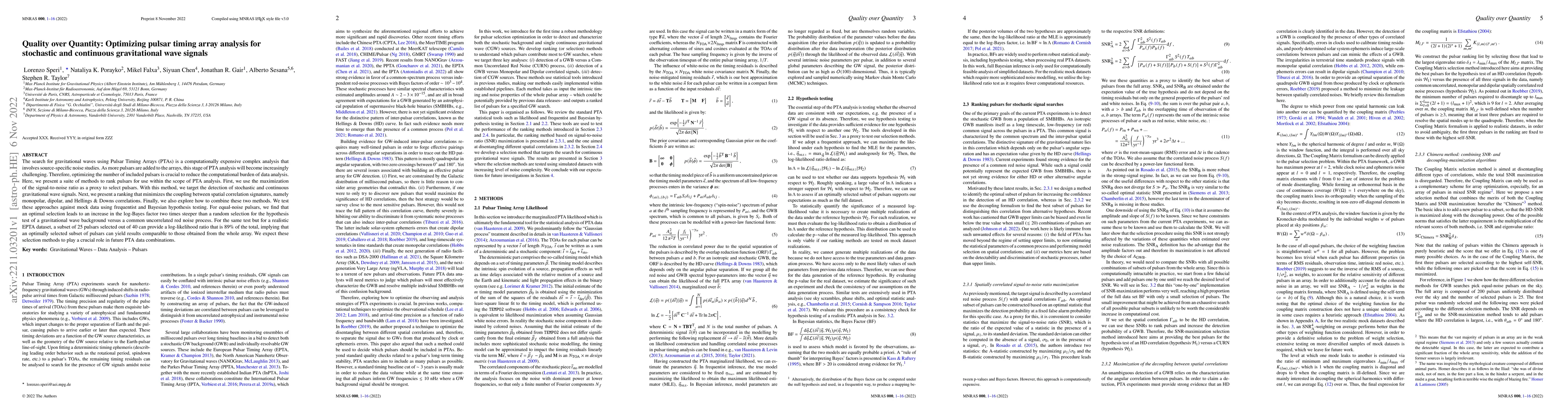 Thumbnail for Quality over Quantity: Optimizing pulsar timing array analysis for
  stochastic and continuous gravitational wave signals