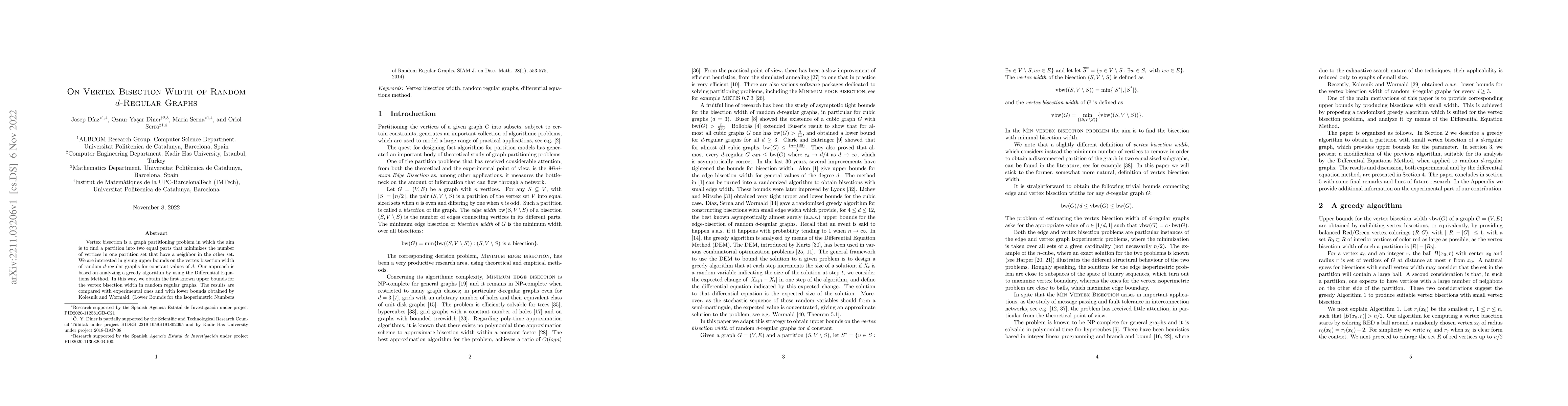 Thumbnail for On Vertex Bisection Width of Random $d$-Regular Graphs