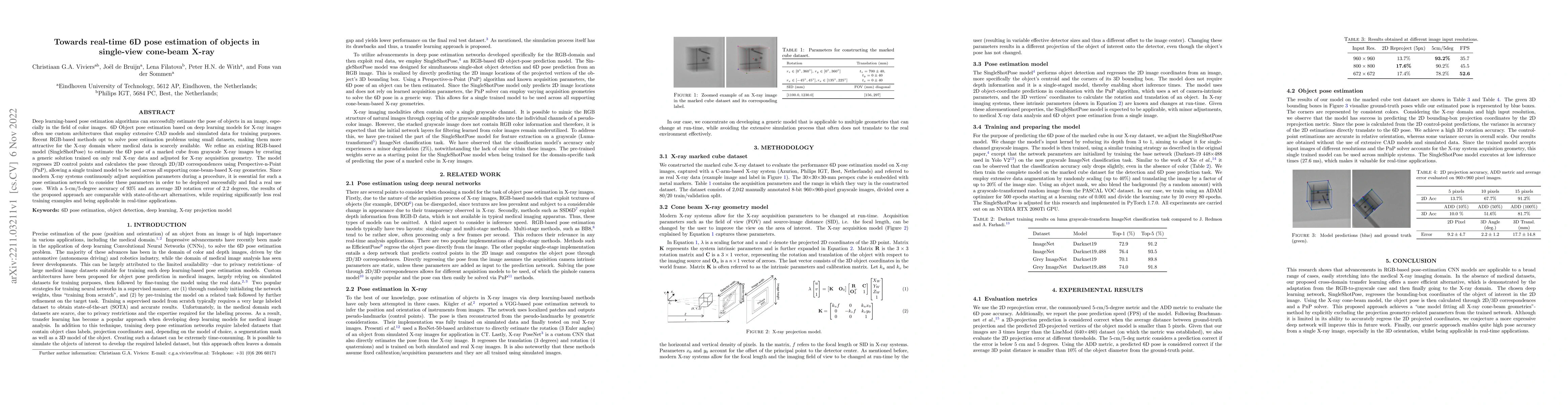 Thumbnail for Towards real-time 6D pose estimation of objects in single-view cone-beam
  X-ray