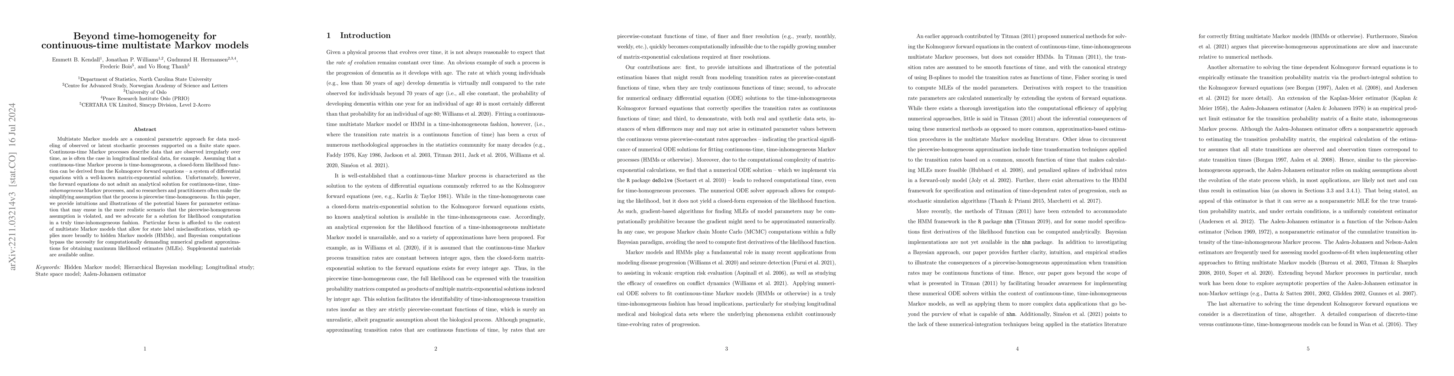 Thumbnail for Beyond time-homogeneity for continuous-time multistate Markov models