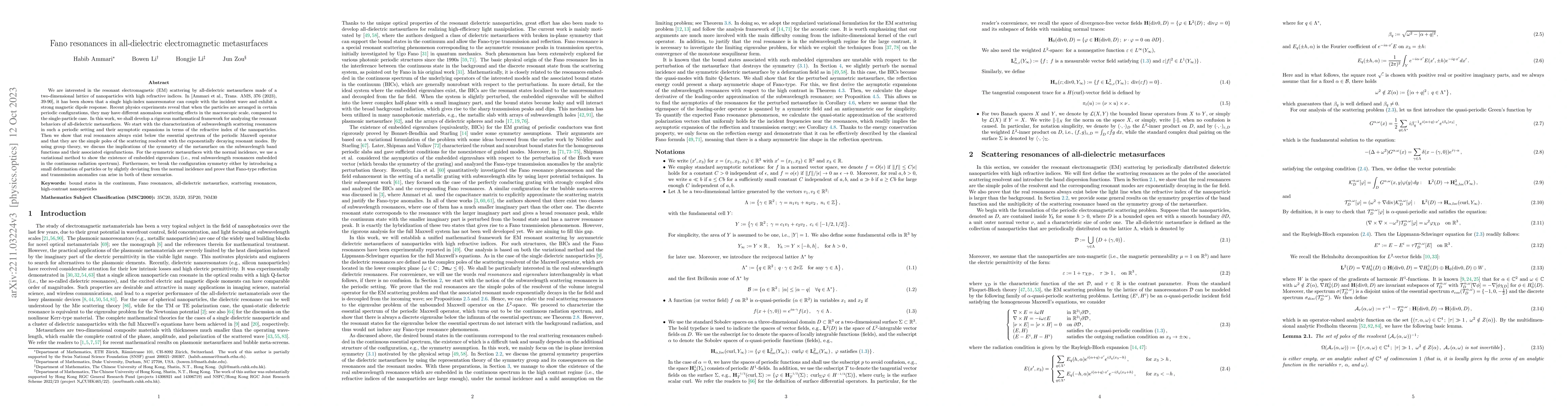 Thumbnail for Fano resonances in all-dielectric electromagnetic metasurfaces