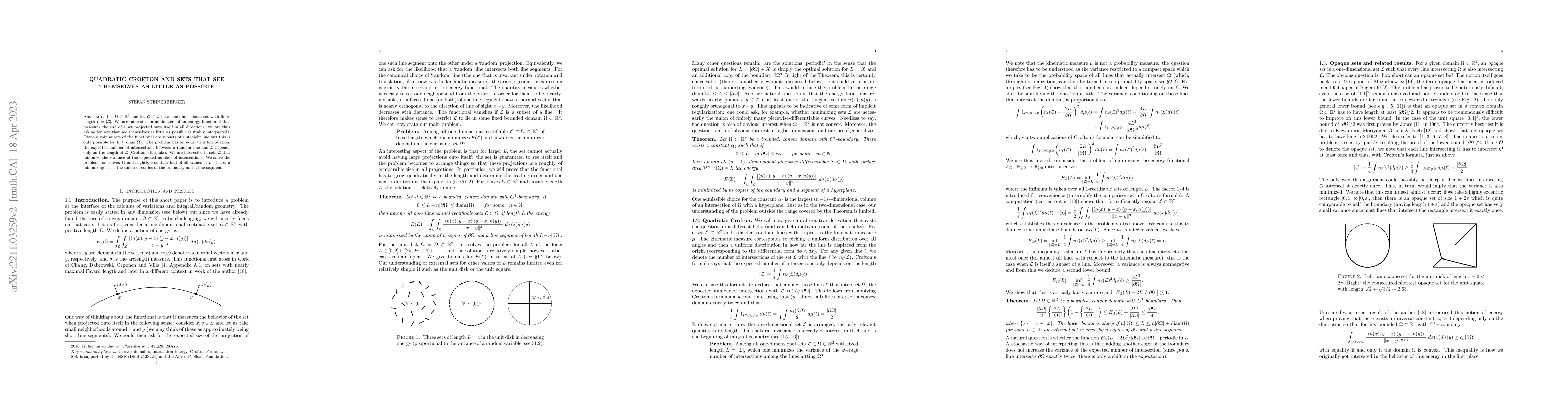 Thumbnail for Quadratic Crofton and sets that see themselves as little as possible