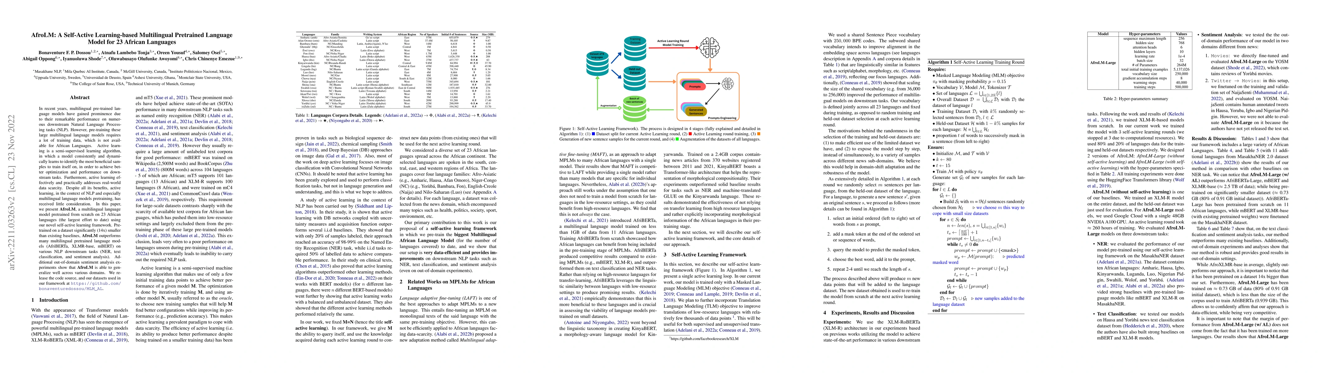 Thumbnail for AfroLM: A Self-Active Learning-based Multilingual Pretrained Language
  Model for 23 African Languages