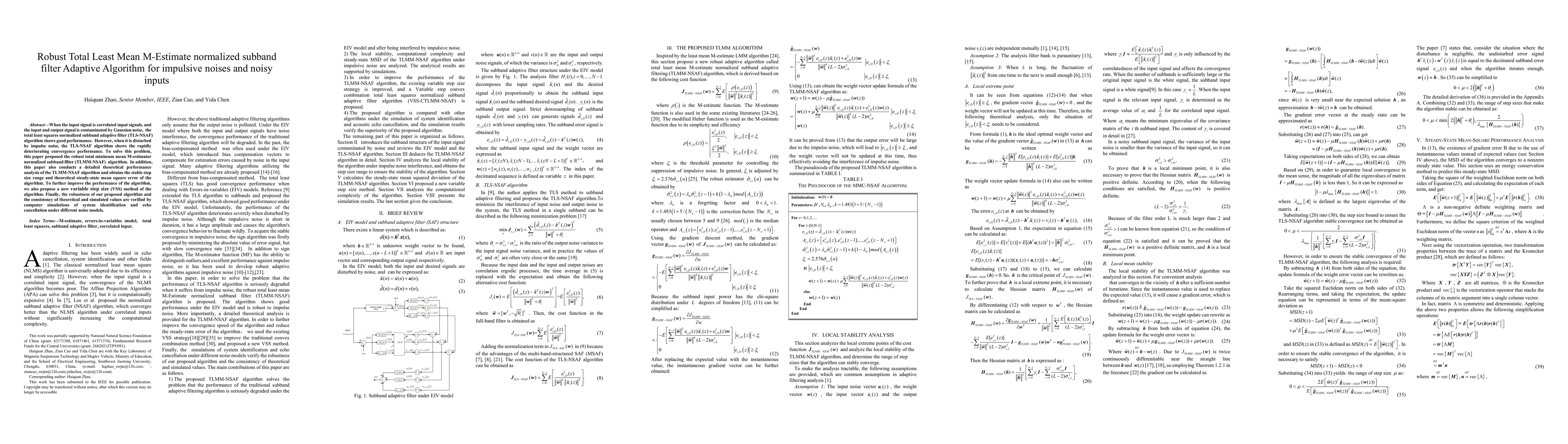 Thumbnail for Robust Total Least Mean M-Estimate normalized subband filter Adaptive
  Algorithm for impulse noises and noisy inputs