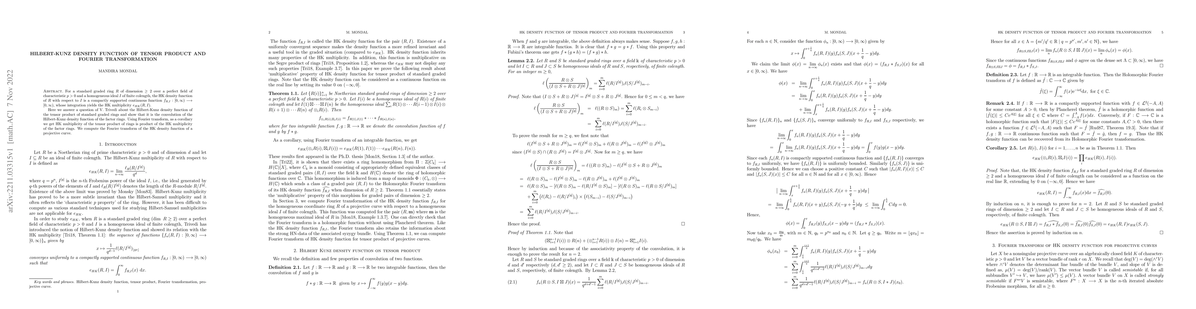 Thumbnail for Hilbert-Kunz Density function of tensor product and Fourier
  transformation