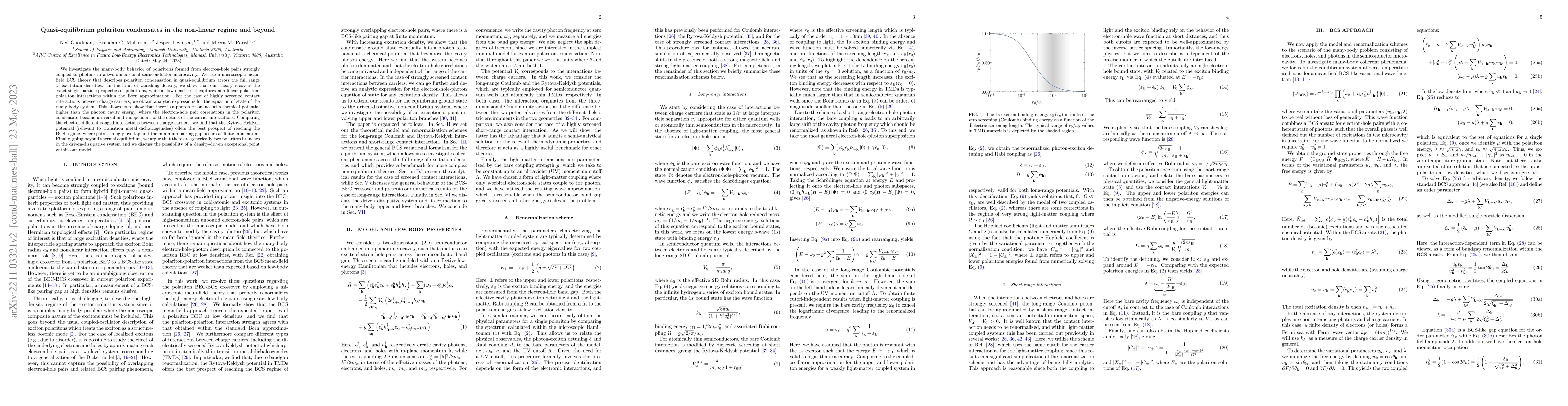 Thumbnail for Quasi-equilibrium polariton condensates in the non-linear regime and
  beyond