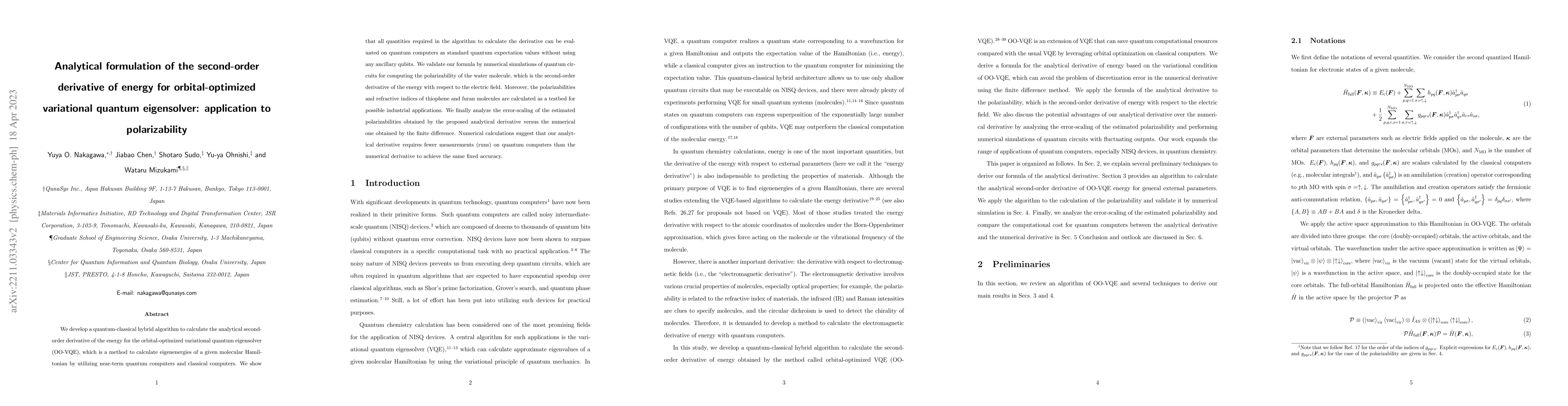 Thumbnail for Analytical formulation of the second-order derivative of energy for
  orbital-optimized variational quantum eigensolver: application to
  polarizability