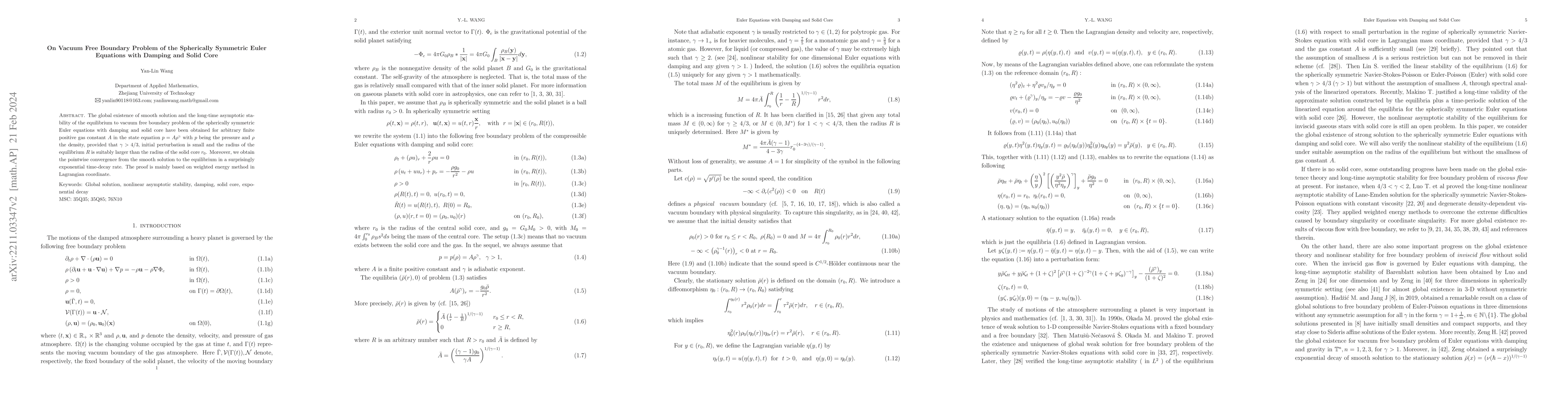 Thumbnail for On Vacuum Free Boundary Problem of the Spherically Symmetric Euler
  Equations with Damping and Solid Core