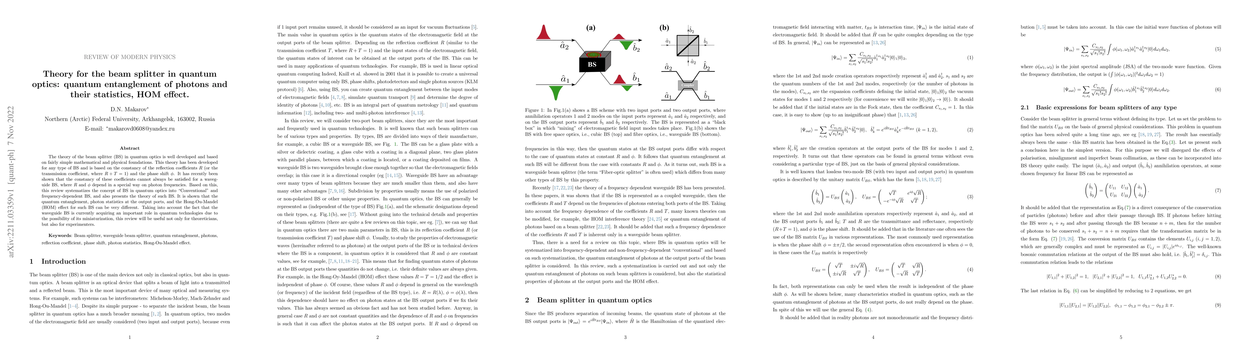 Thumbnail for Theory for the beam splitter in quantum optics: quantum entanglement of
  photons and their statistics, HOM effect