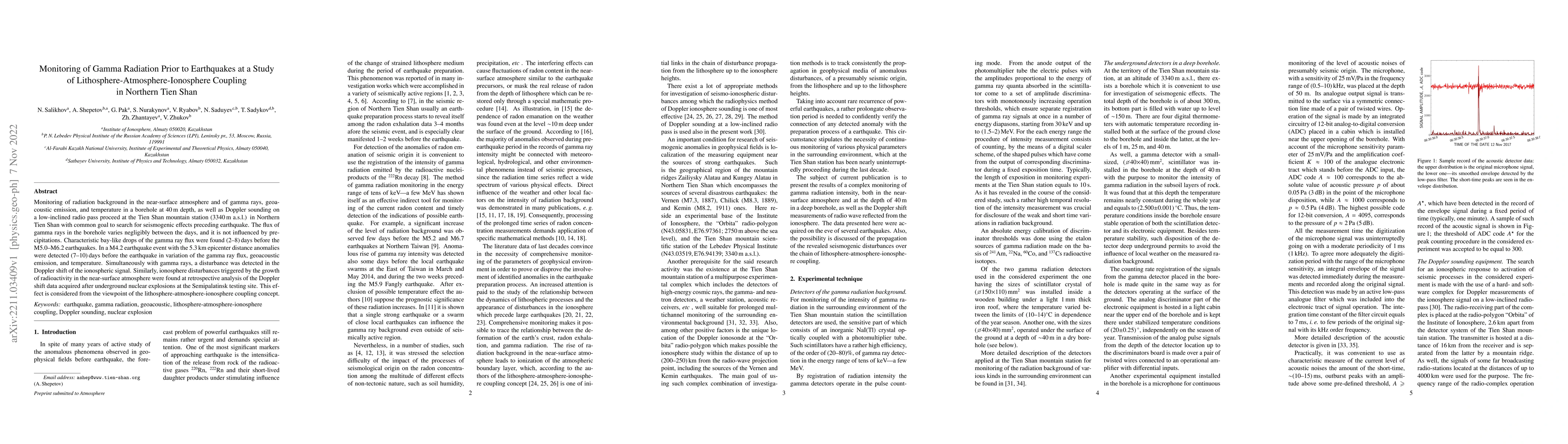 Thumbnail for Monitoring of Gamma Radiation Prior to Earthquakes at a Study of
  Lithosphere-Atmosphere-Ionosphere Coupling in Northern Tien Shan