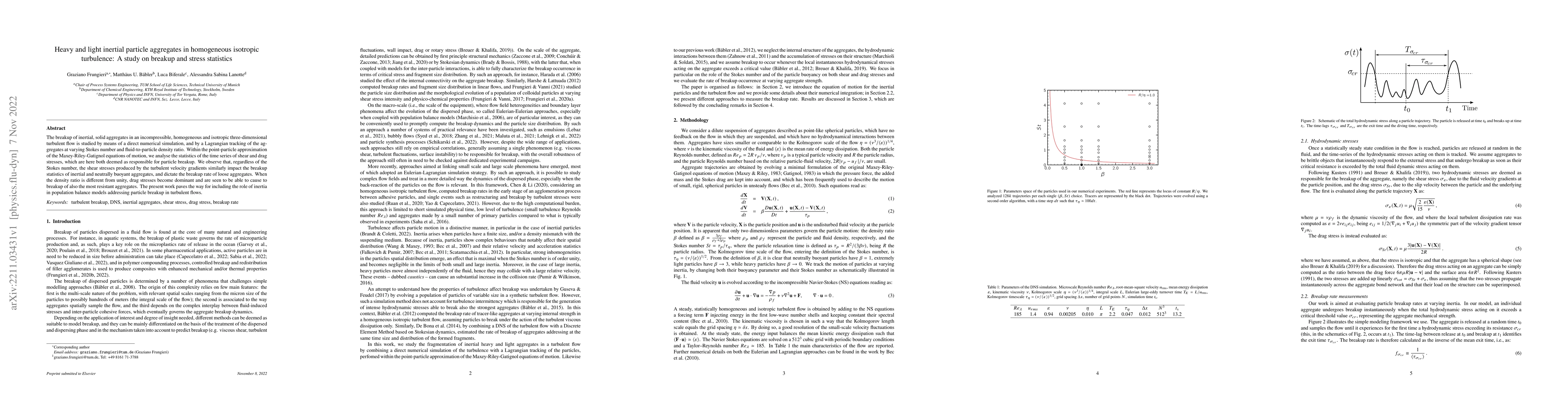 Thumbnail for Heavy and light inertial particle aggregates in homogeneous isotropic
  turbulence: A study on breakup and stress statistics