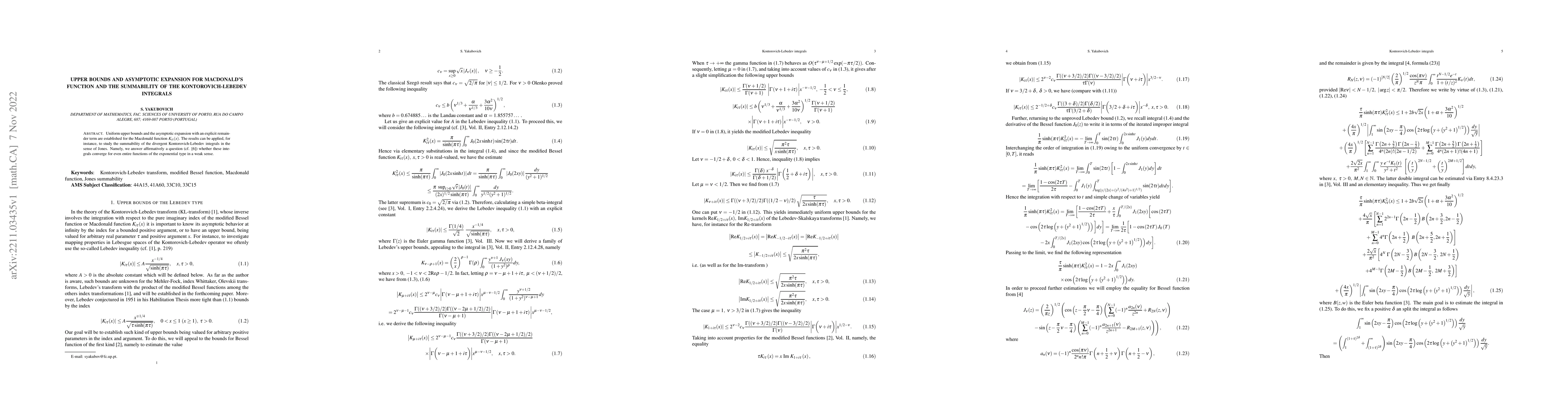 Thumbnail for Upper bounds and asymptotic expansion for Macdonald's function and the
  summability of the Kontorovich-Lebedev integrals