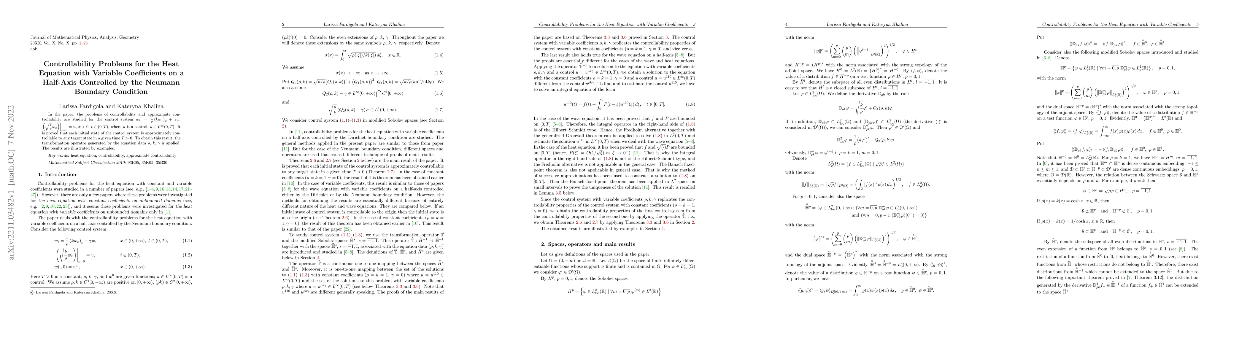 Thumbnail for Controllability Problems for the Heat Equation with Variable
  Coefficients on a Half-Axis Controlled by the Neumann Boundary Condition