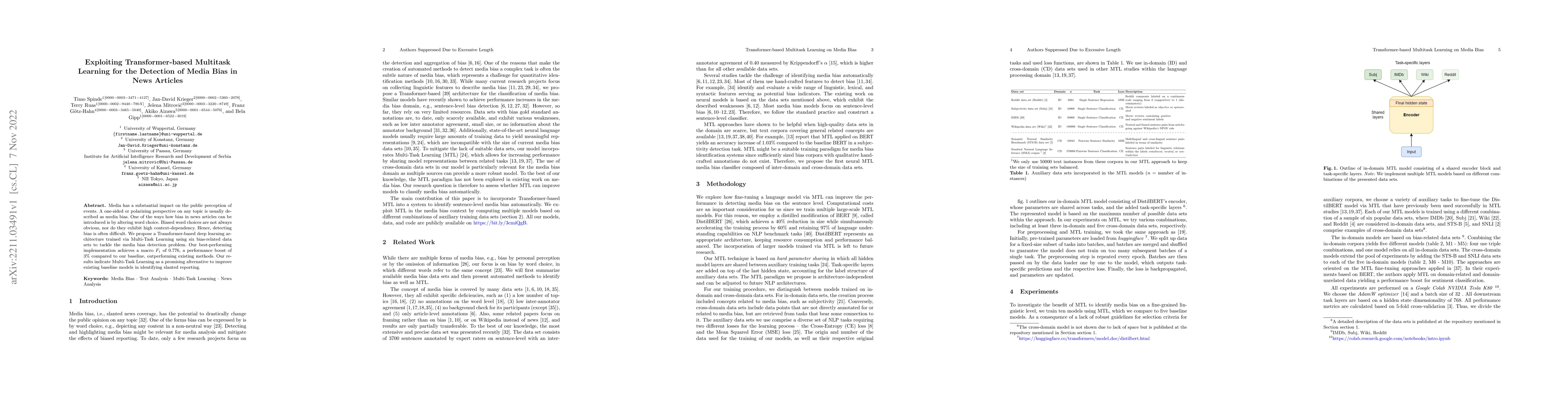 Thumbnail for Exploiting Transformer-based Multitask Learning for the Detection of
  Media Bias in News Articles