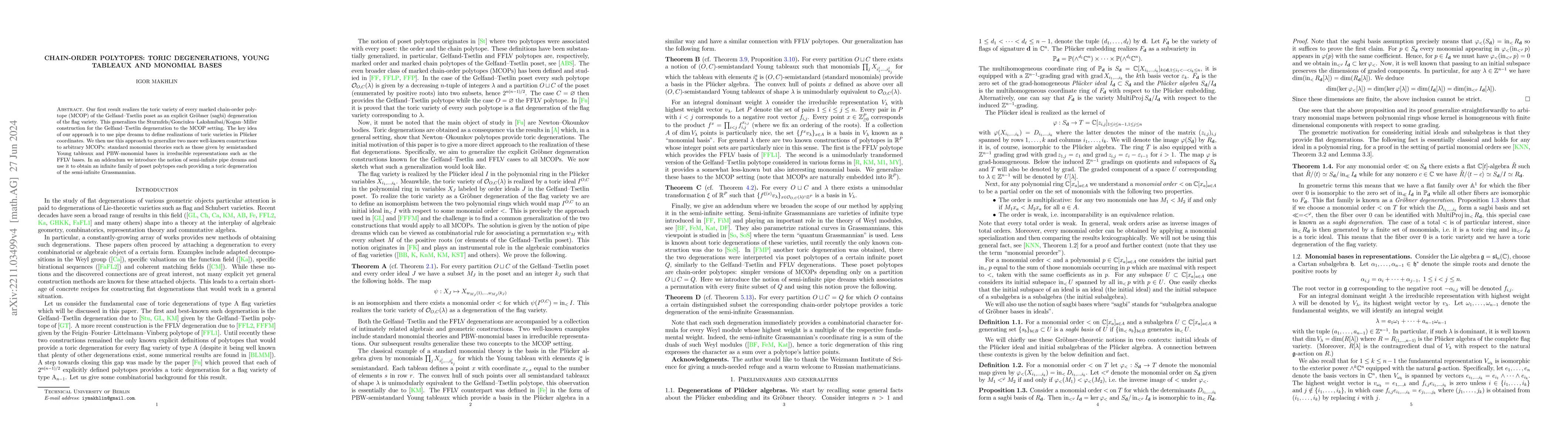 Thumbnail for Chain-order polytopes: toric degenerations, Young tableaux and monomial
  bases