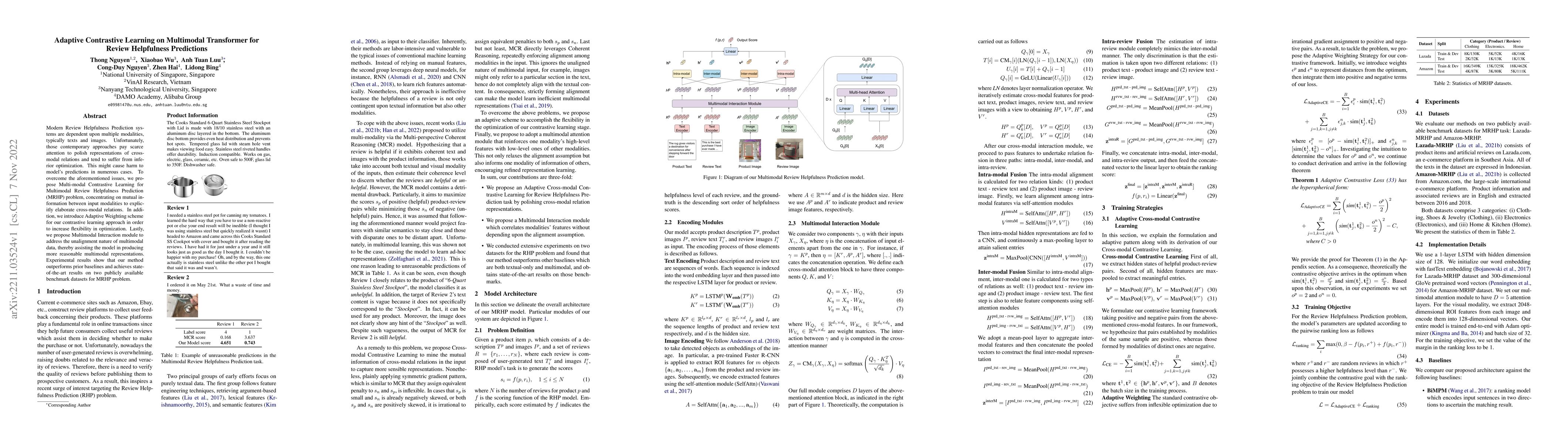 Thumbnail for Adaptive Contrastive Learning on Multimodal Transformer for Review
  Helpfulness Predictions
