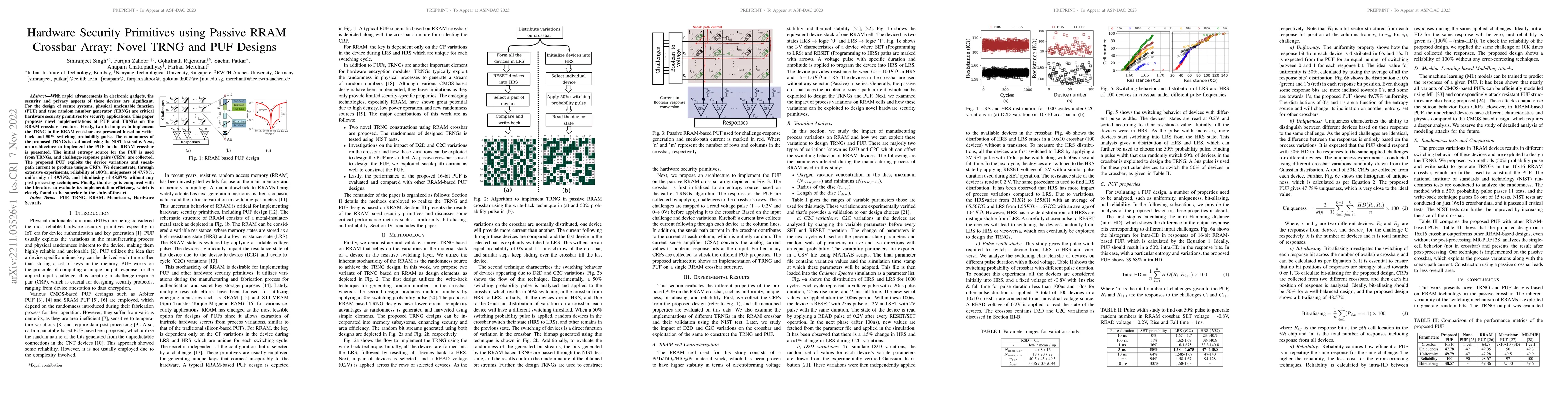 Thumbnail for Hardware Security Primitives using Passive RRAM Crossbar Array: Novel
  TRNG and PUF Designs