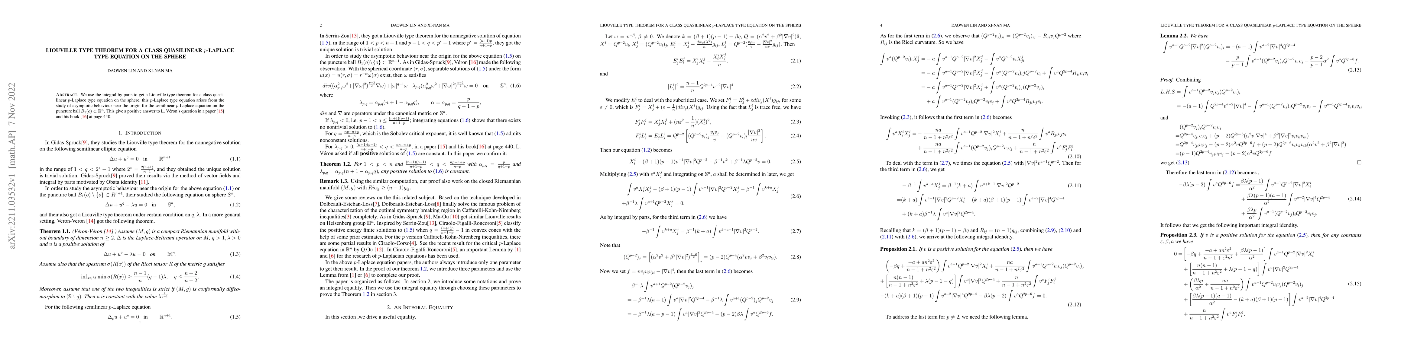 Thumbnail for Liouville type theorem for a class quasilinear $p$-Laplace type equation
  on the sphere