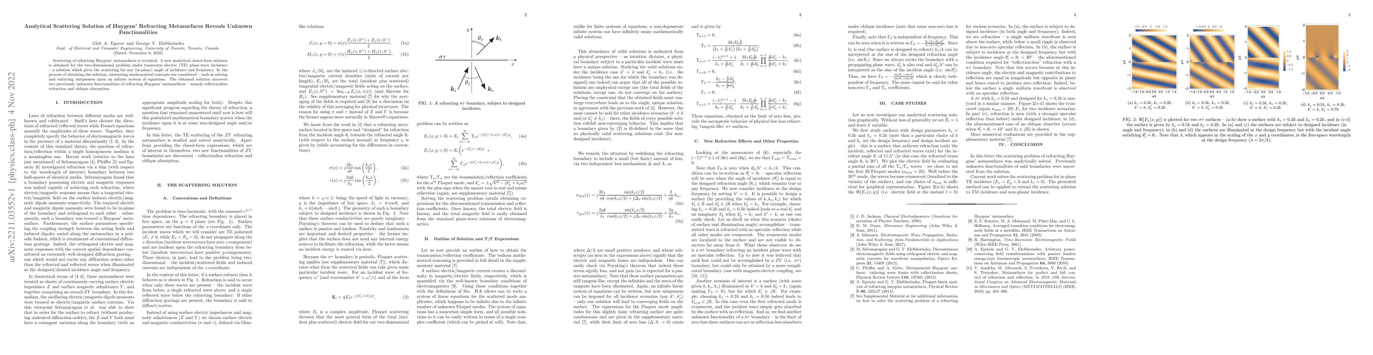 Thumbnail for Analytical Scattering Solution of Huygens' Refracting Metasurfaces
  Reveals Unknown Functionalities