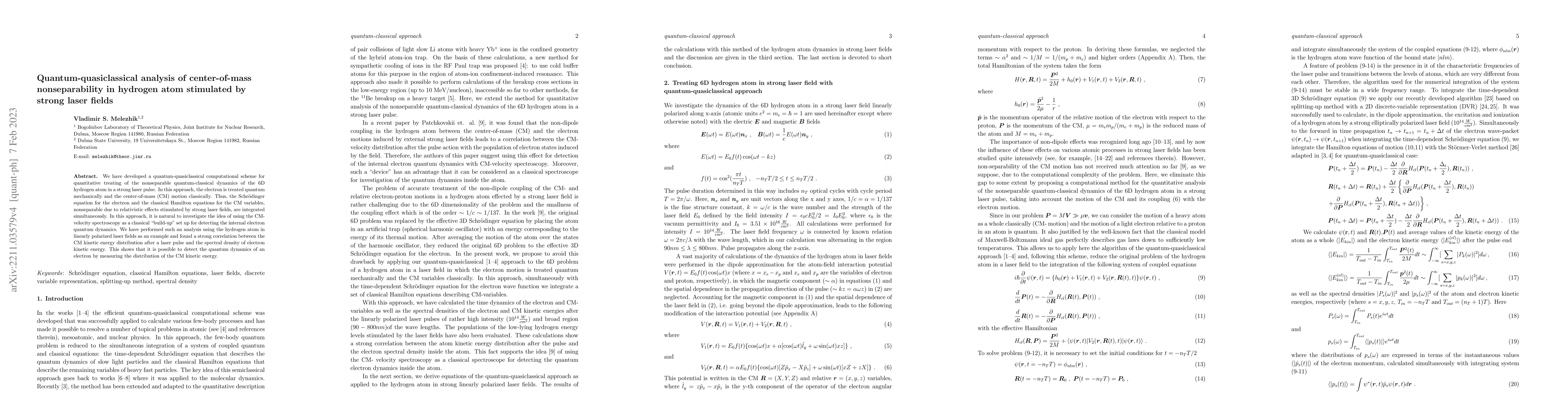 Thumbnail for Quantum-quasiclassical analysis of center-of-mass nonseparability in
  hydrogen atom stimulated by strong laser fields
