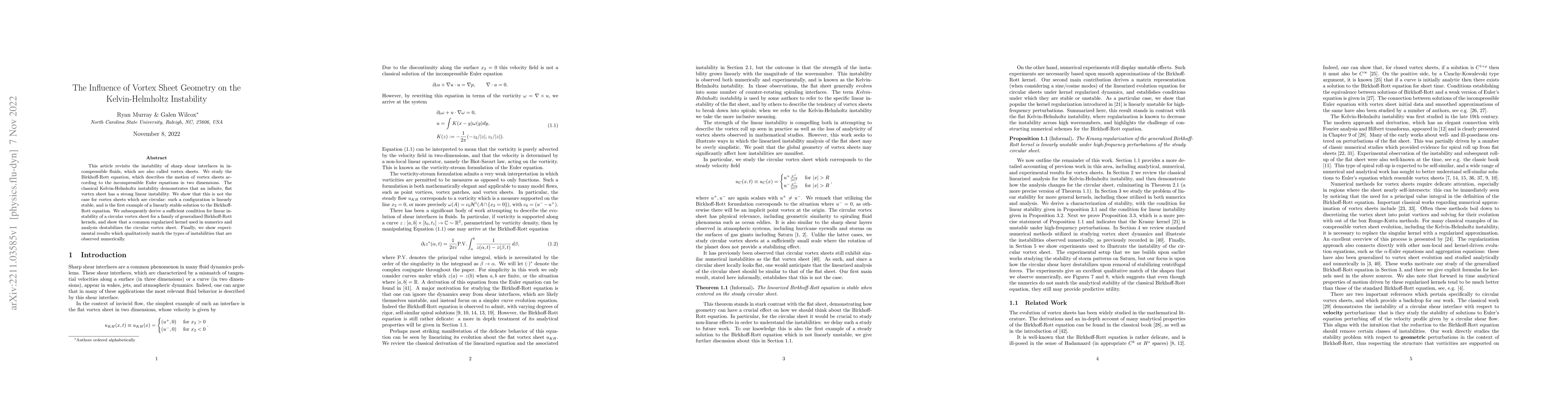 Thumbnail for The Influence of Vortex Sheet Geometry on the Kelvin-Helmholtz
  Instability
