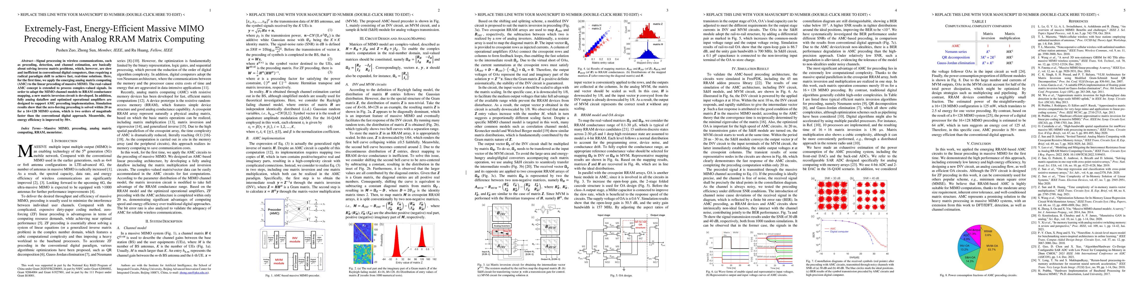 Thumbnail for Extremely-Fast, Energy-Efficient Massive MIMO Precoding with Analog RRAM
  Matrix Computing