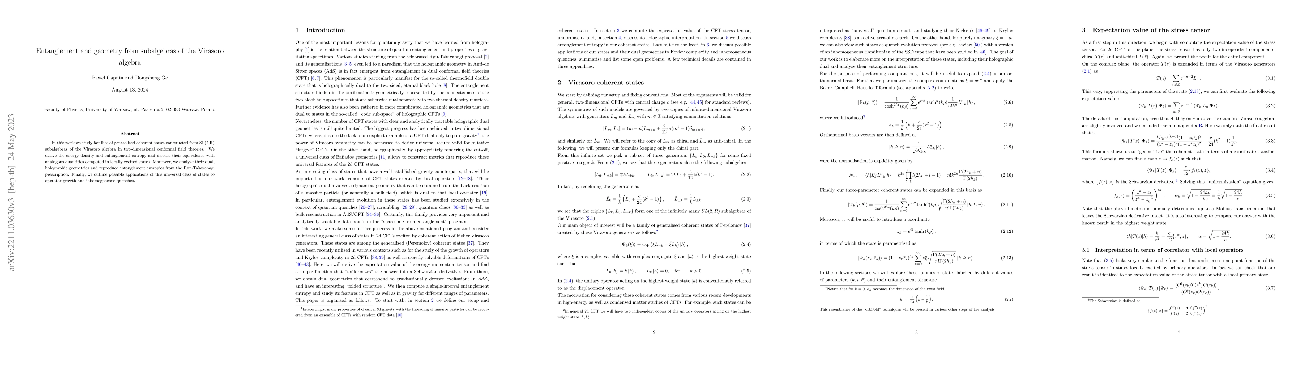 Thumbnail for Entanglement and geometry from subalgebras of the Virasoro algebra