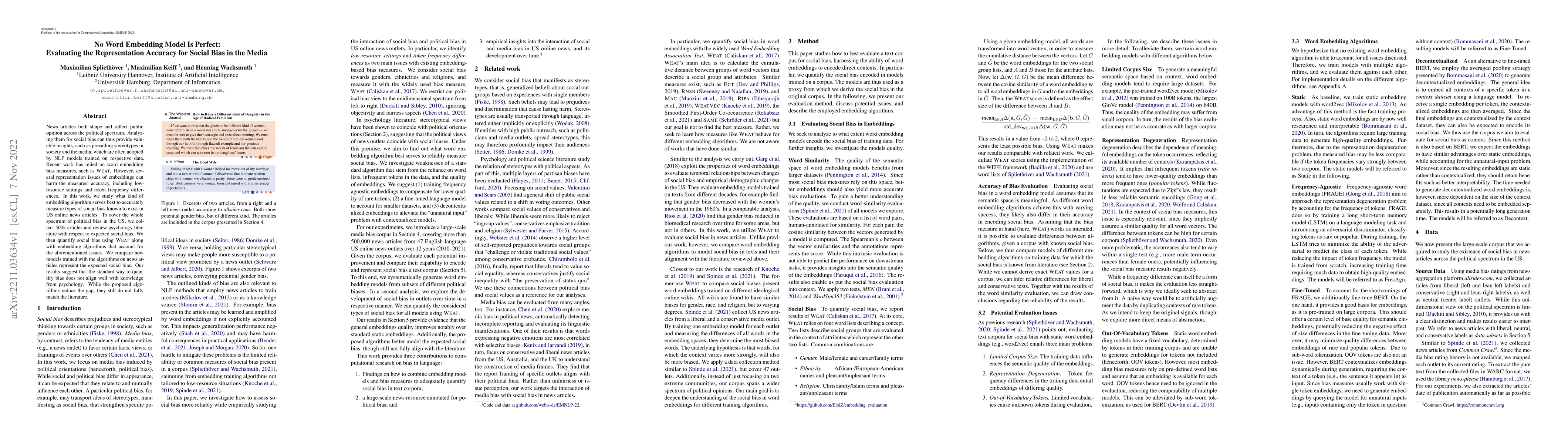 Thumbnail for No Word Embedding Model Is Perfect: Evaluating the Representation
  Accuracy for Social Bias in the Media