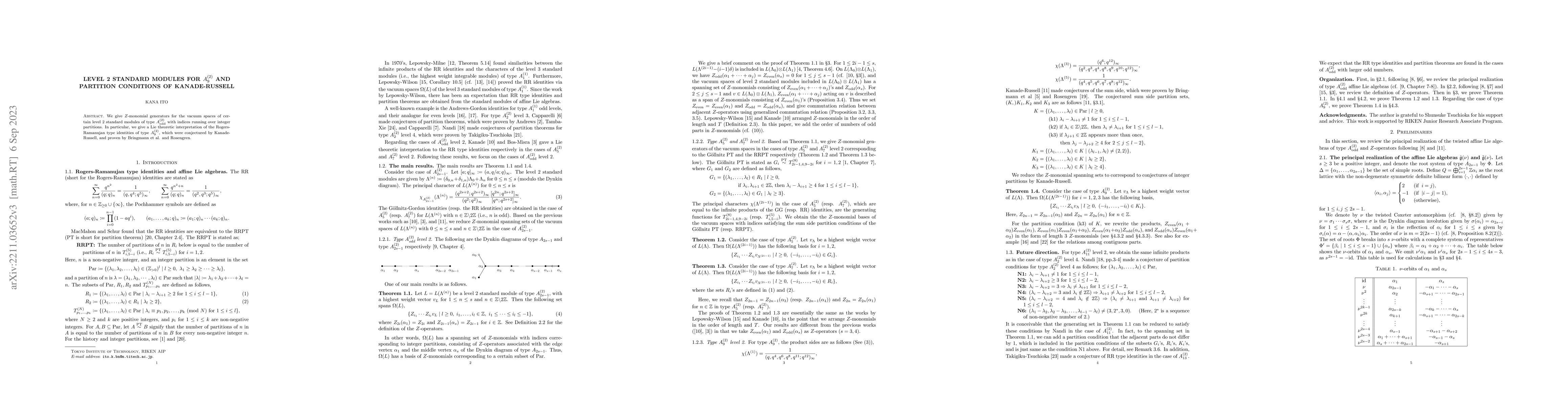 Thumbnail for Level 2 standard modules for $A^{(2)}_{9}$ and partition conditions of
  Kanade-Russell