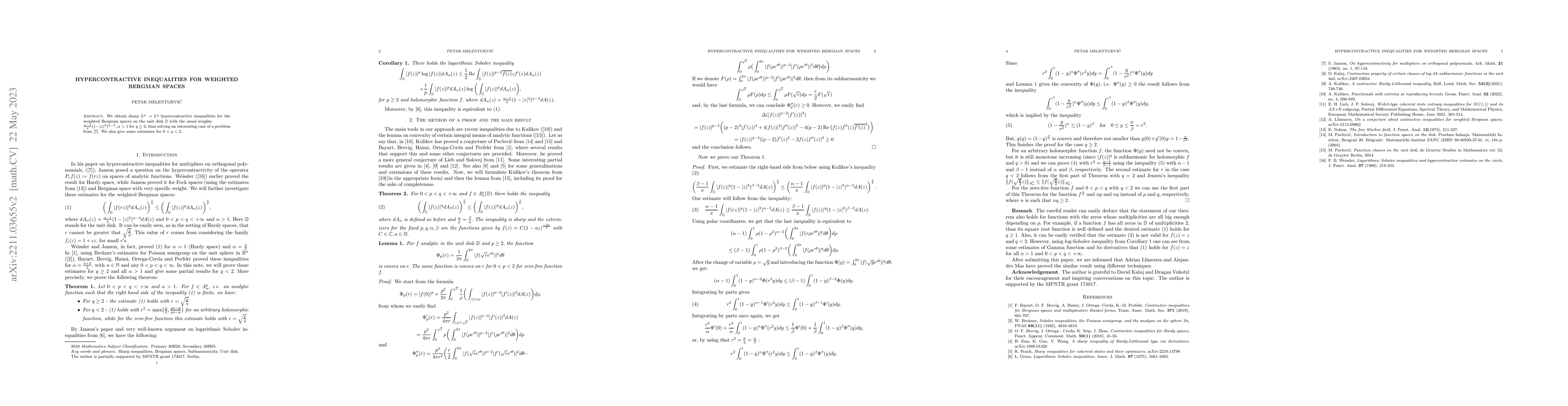 Thumbnail for Hypercontractive inequalities for weighted Bergman spaces