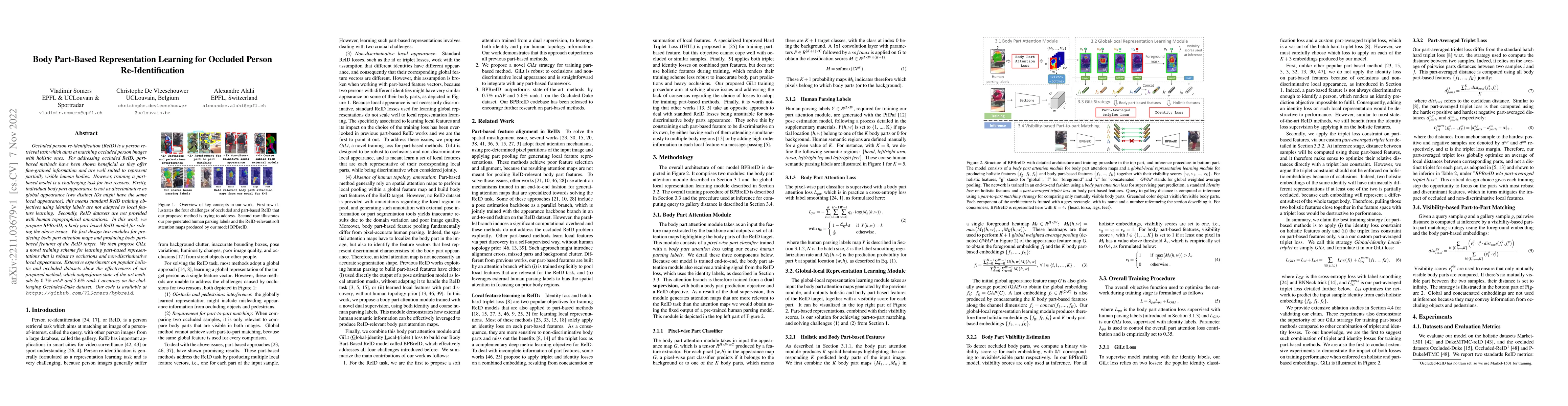 Thumbnail for Body Part-Based Representation Learning for Occluded Person
  Re-Identification
