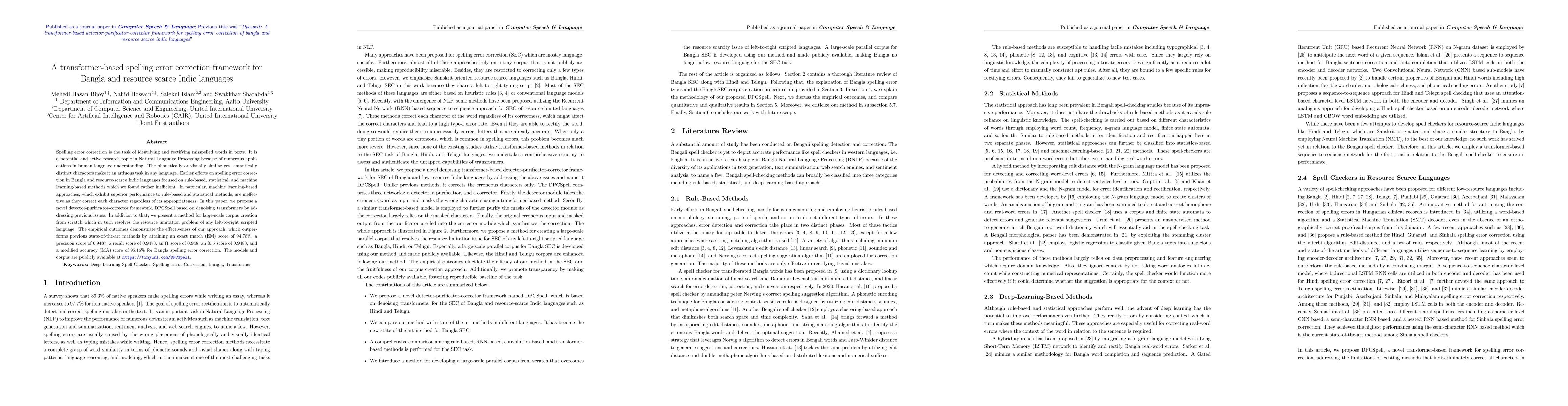 Thumbnail for DPCSpell: A Transformer-based Detector-Purificator-Corrector Framework
  for Spelling Error Correction of Bangla and Resource Scarce Indic Languages