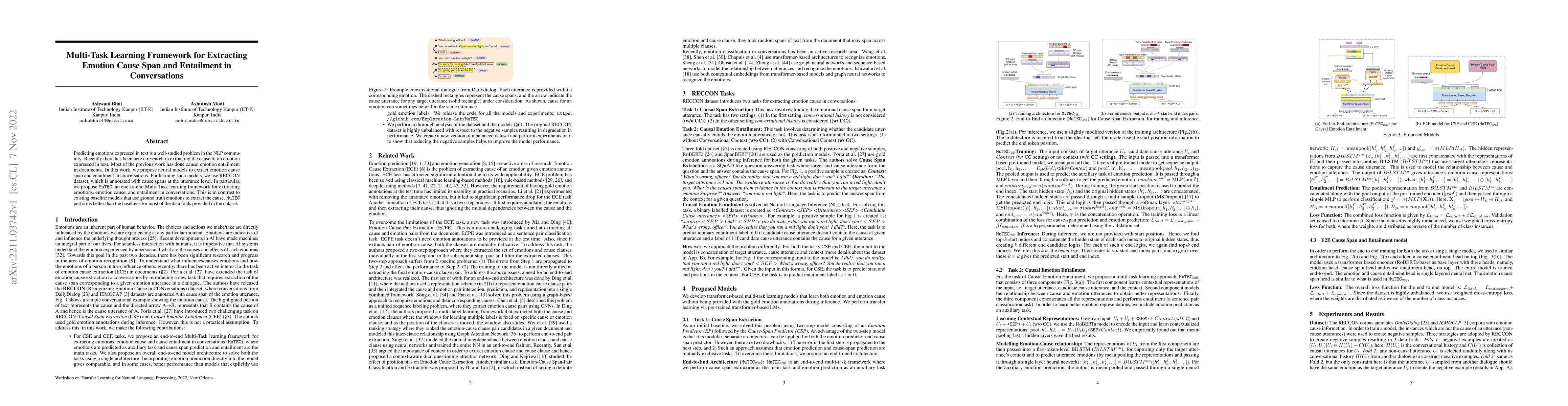 Thumbnail for Multi-Task Learning Framework for Extracting Emotion Cause Span and
  Entailment in Conversations