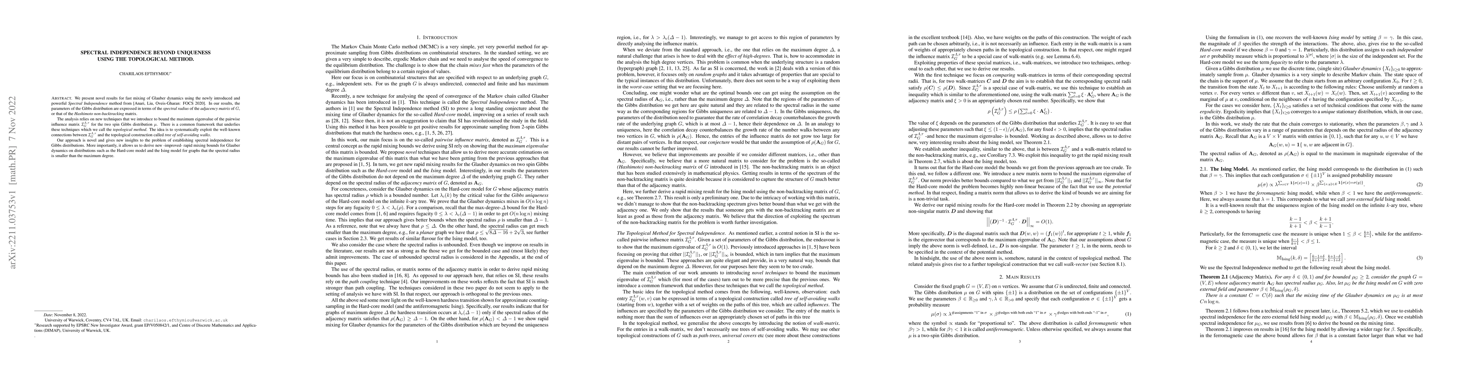 Thumbnail for Spectral Independence Beyond Uniqueness using the topological method